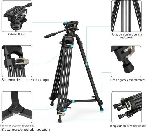 Vista 2 de SmallRig AD-01 Trípode de video, 73" Trípode de alta resistencia con cabezal de fluido de 360 grados y placa de liberación rápida para DSLR
