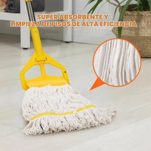 Vista 2 de Trapeador húmedo industrial resistente con mango largo de 48 pulgadas, mopas comerciales húmedas de algodón para limpieza de pisos, hogar, cocina