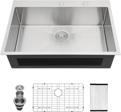 Vista 22 de Fregadero de cocina de 25 pulgadas, fregadero de un solo cuenco, color negro mate, calibre 18, 25 x 22 pulgadas, acero inoxidable, montaje superior