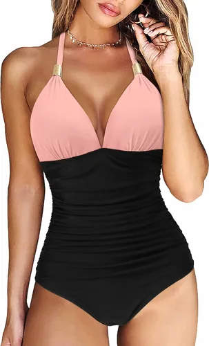 Vista 58 de RXRXCOCO - Traje de baño fruncido de una pieza, con cuello en V, para mujer, con control de abdomen y cuello halter