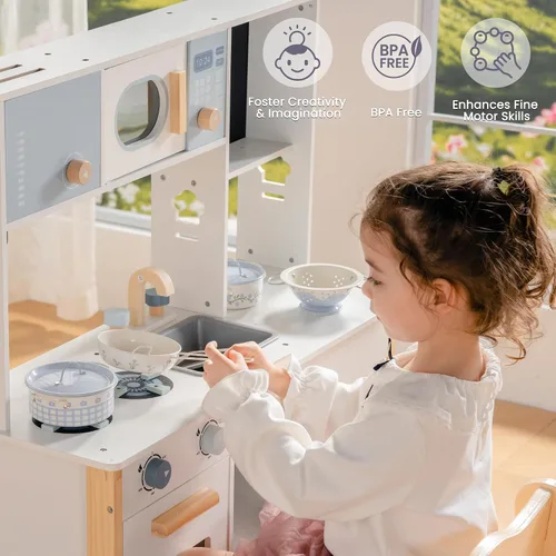 Vista 4 de ROBUD Juego de Ollas y Sartenes para Niños, Accesorios de Cocina para Jugar, Ollas y Sartenes de Metal en Crema Azul, Juego de Cocina para Niños
