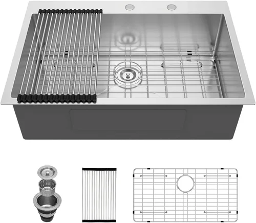 Vista 15 de Fregadero de cocina de 25 pulgadas, fregadero de un solo cuenco, color negro mate, calibre 18, 25 x 22 pulgadas, acero inoxidable, montaje superior