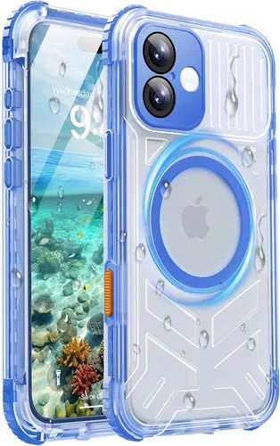 Vista 47 de Funda impermeable para iPhone 15 con Magsafe, protector de pantalla, cordón, IP68 militar de cuerpo completo a prueba de golpes, para deportes Negro