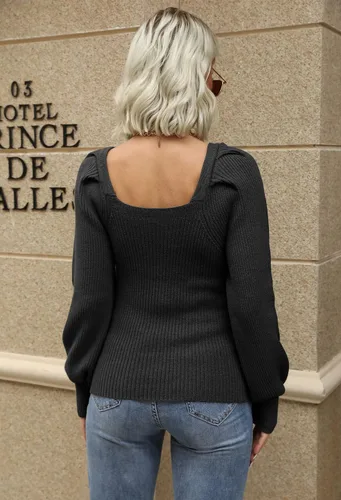 Vista 4 de Bigyonger Suéter de manga larga tipo farol con cuello cuadrado para mujer