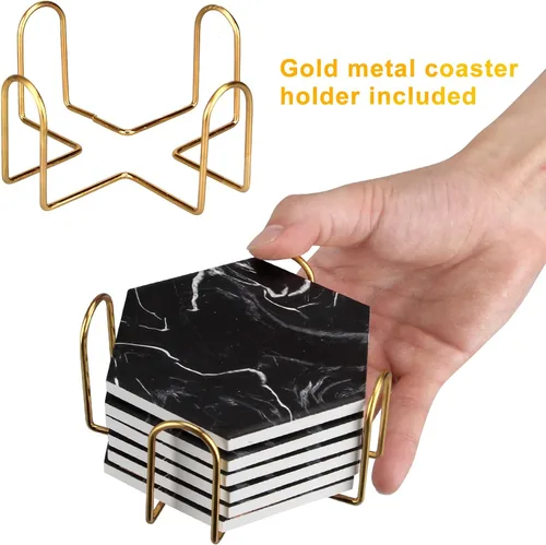 Vista 5 de Juego de posavasos de mármol negro fresco con soporte, posavasos hexagonales absorbentes de cerámica moderna, paquete de 6 posavasos de piedra