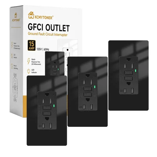 Vista 43 de Toma GFCI negra de 15 amperios con puertos USB C y USB-A, 1 unidad de 24 W de autotprueba GFCI USB Combo con indicador LED, resistente a