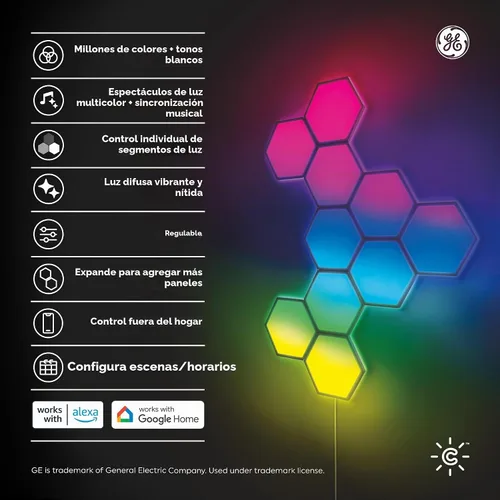 Vista 2 de Cync GE Dynamic Effects - Luces LED hexagonales inteligentes con WiFi que cambian de color, paneles de luz de pared para decoración de habitación