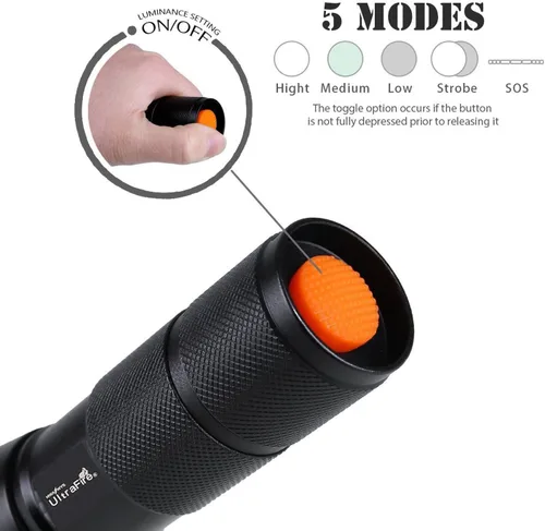 Vista 3 de UltraFire Linterna LED táctica A100 enfocable 3 colores. Lente de vidrio intercambiable 900 lúmenes máx.