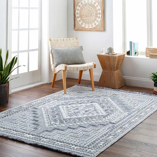 Vista 12 de Hauteloom Ethereal - Alfombra de pasillo con borde geométrico de medallón de diamante, estilo bohemio de transición, tribal azteca del suroeste