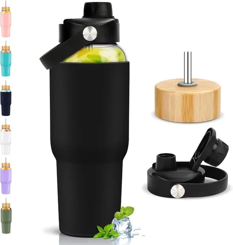 Vista 9 de PROBTTL Botellas de agua de vidrio de 32 onzas, vaso de vidrio de 1 litro, botella de agua de borosilicato con popote, funda de silicona, 2 tapas
