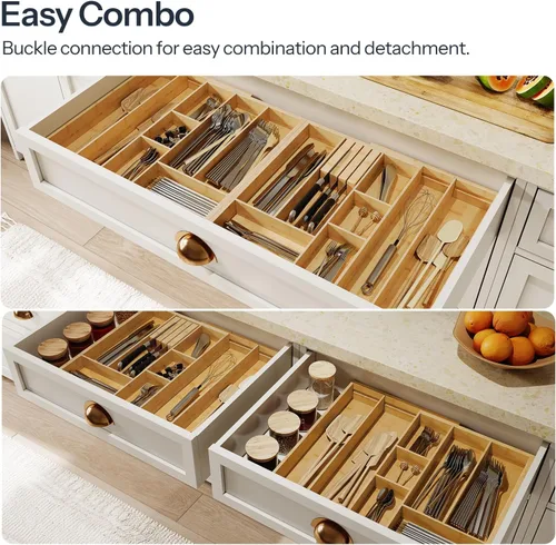 Vista 6 de HOOBRO Organizador grande de cubiertos para cajones de cocina, organizador de utensilios expandible con conexión magnética de 22 a 35 pulgadas