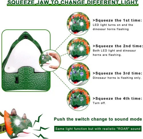 Vista 5 de Triceratops - Linterna frontal LED de dinosaurio para niños, artículos esenciales de equipo de campamento Linterna de cabeza de juguete