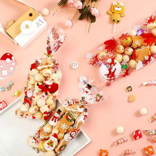 Vista 4 de Outus 100 piezas de bolsas de celofán de Navidad, bolsas de Navidad de plástico con lazos giratorios para dulces, galletas, golosinas, envoltorios