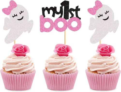 Vista 10 de 24 piezas de Halloween Baby Boo Cupcake Toppers Boo Ghost Cupcake Picks Baby Shower Halloween Boy Girl First Birthday Party Decoración Suministros