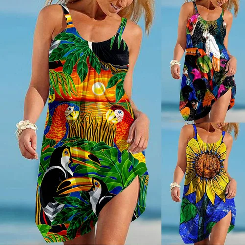 Vista 5 de Oiumov Vestidos de verano para mujer, estilo casual, tirantes delgados, bohemio, floral, talla grande, sin mangas, para la playa