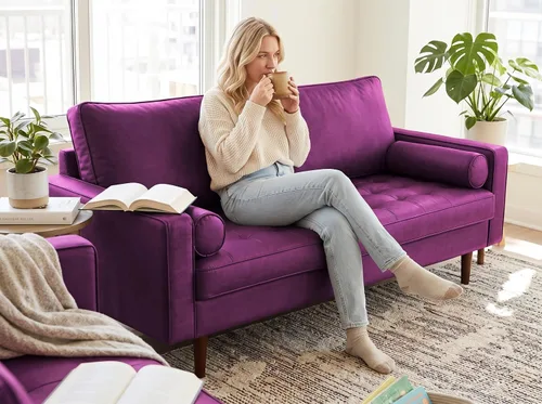 Vista 43 de Container Furniture - Sofá de piel sintética para la sala de estar moderna con cojines extraíbles y patas de madera maciza, sofá estilo lujoso