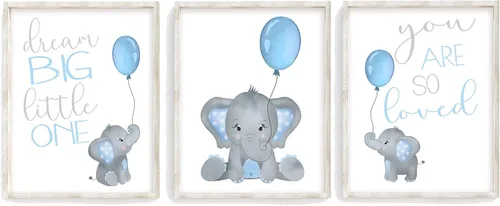 Vista 7 de Juego de 3 impresiones artísticas de acuarela para bebé, niño, elefante, guardería, sin marco, en azul y gris, Dream Big Little One, You Are So Loved