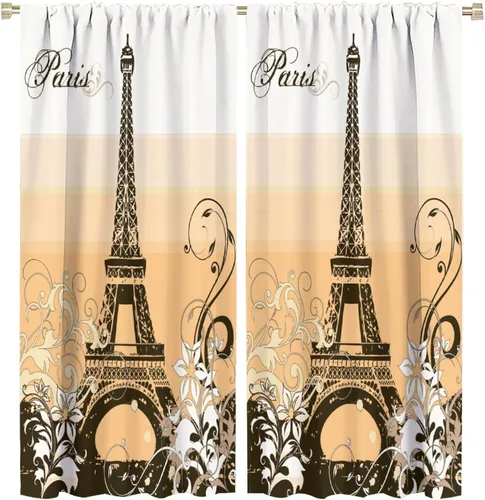 Vista 44 de Cortinas de la Torre Eiffel de París, pintura al óleo, flores moradas, torres de ciudad, con bolsillo para barra, cortinas de ventana