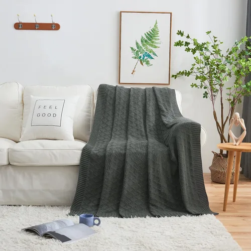 Vista 8 de Manta Grande de Punto de Algodón Gris Carbón para Sofá de Sala Cama - Decorativa para el Hogar Suave Acogedora Tejido de Suéter de Cable Otoñal