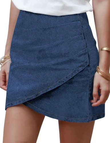 Vista 5 de Vetinee Falda de mezclilla corta con dobladillo de tulipán para mujer, drapeada, casual, ajustada, de mezclilla