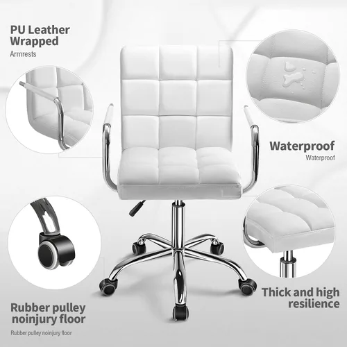 Vista 4 de Kemon Office Chiar - Silla de escritorio con reposabrazos/ruedas, cuero sintético, respaldo medio, altura ajustable, silla de computadora para Blanco