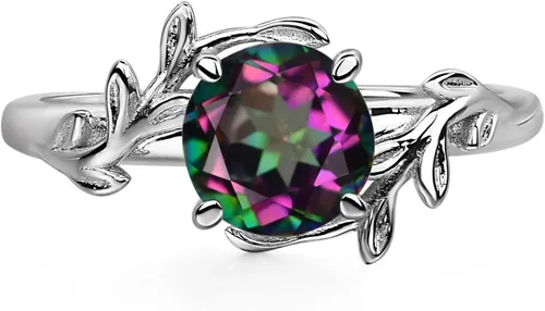 Vista 14 de Luo Anillos de Plata de Ley 925 de 7MM con Forma Redonda y Piedras Preciosas, Anillos de Compromiso con Diseño de Hoja, Anillos de Promesa