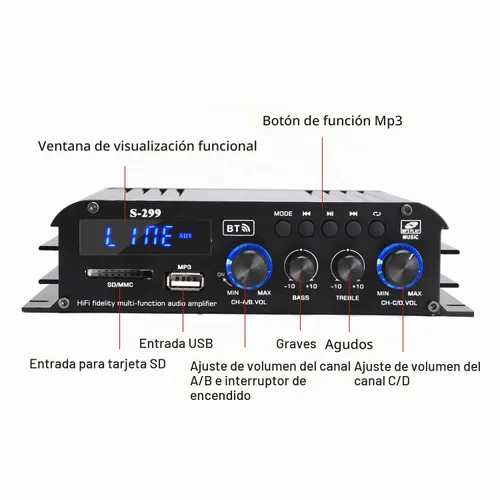 Vista 2 de Amplificador de audio Bluetooth S299 Max 800W para el hogar, RMS 40Wx4 4.1CH Amplificador de potencia Bluetooth con subwoofer activo, sistema