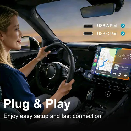 Vista 2 de Adaptador inalámbrico CarPlay y Android Auto con cable CarPlay a dispositivo inalámbrico, mini en forma de T 2 en 1 para auto USB Plug and Play Auto