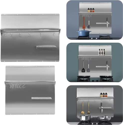 Vista 2 de Protector de pared con protector de pared de acero inoxidable para salpicaduras, con estante de almacenamiento integrado y estante colgante para uso