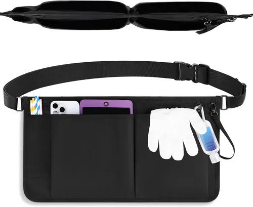 Vista 9 de Likesing Delantal de servidor, delantal de servicio con bolsillos para camarera, bolsa de herramientas de cintura para camarero con cinturón Negro-5
