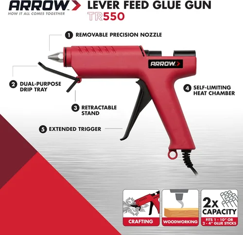 Vista 2 de Arrow TR550 Pistola de pegamento eléctrica profesional resistente para manualidades, construcción, madera, utiliza barras de pegamento estándar