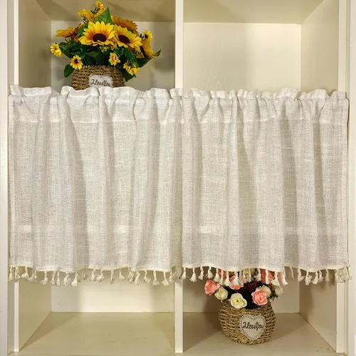 Vista 11 de Cenefa de cortina rústica bohemia para ventana de cocina, casa de campo, hecha a mano, entretejido de encaje de ganchillo, tela de algodón, cortinas