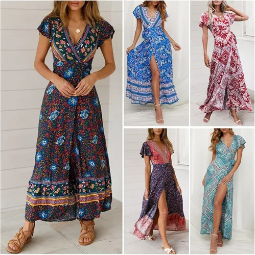 Vista 5 de Esopkuu Vestido largo de verano para mujer, estilo retro, manga corta, sexy, cuello en V, cruzado, cintura alta, empalme abierto