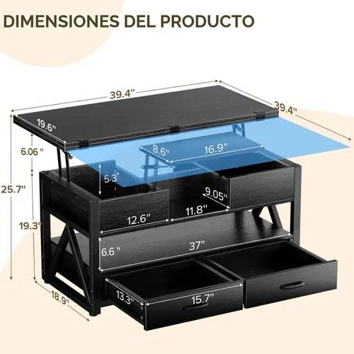 Vista 2 de Memobarco Mesa de Centro con Tapa Elevable de 40", Mesas de Centro Elevables Multifunción 4 en 1 con Cajones de Almacenamiento y Compartimento