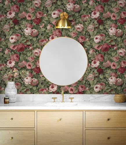 Vista 2 de NextWall Rose Garden Papel Tapiz Floral de Despegar y Pegar (Granate y Albahaca)