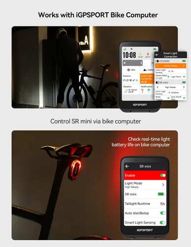 Vista 6 de iGPSPORT SR Mini Luz de Radar para Bicicleta, Distancia de Monitoreo 160M, Vida de Batería 20H, Luz Trasera de Freno Intermitente Impermeable