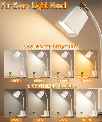 Vista 3 de Lámparas LED de escritorio para oficina en casa con cargador, organizador, lámpara de mesa de escritorio para dormitorio, estudio, lectura, trabajo