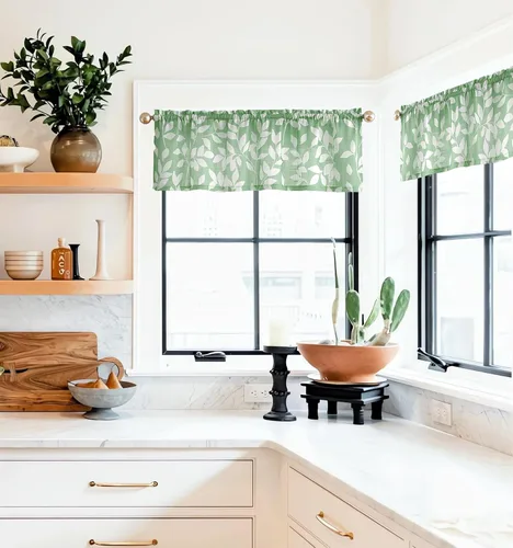 Vista 18 de Treatmentex Cortinas azules de cocina de 24 pulgadas con estampado de hojas blancas cortas para ventanas pequeñas, 2 paneles