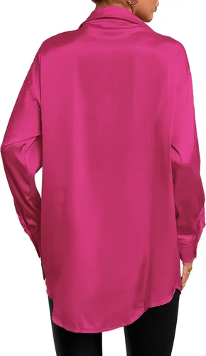 Vista 2 de LYANER Blusa de manga larga con cuello en V y botones de seda satinada para mujer