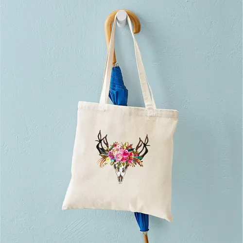 Vista 4 de CafePress Bolsa de lona natural con diseño de calavera de cuernos bohemios, bolsa de compras reutilizable