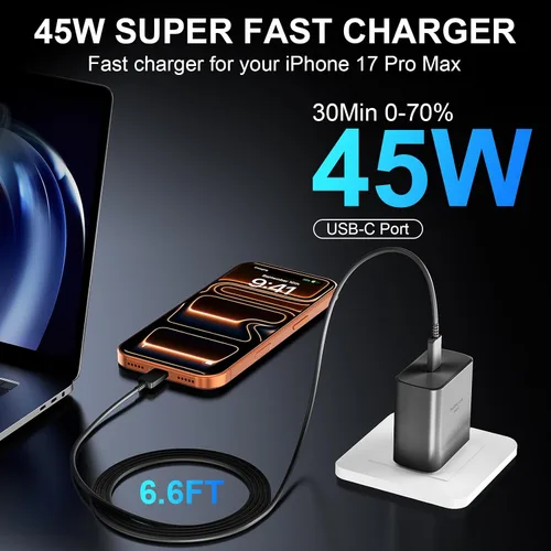 Vista 4 de Cargador para teléfono 17 16 Pro Max de carga rápida, 45 W USB C Phone 17 16 Bloque de carga súper rápido con cable de carga tipo C de 6.6 pies