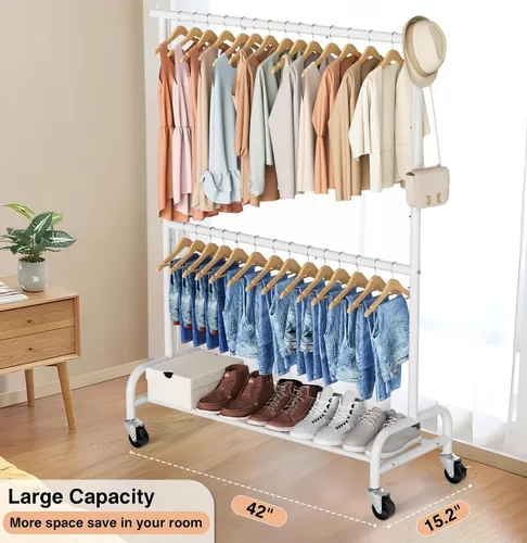 Vista 9 de MISSLO Percheros resistentes para colgar ropa perchero rack de ropa con ruedas de metal, ajustable, blanco y plateado