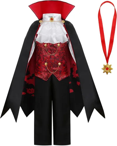 Vista 3 de Conjunto de capa de murciélago de vampiro para niños, disfraz de fiesta de Halloween, vampiro medieval real