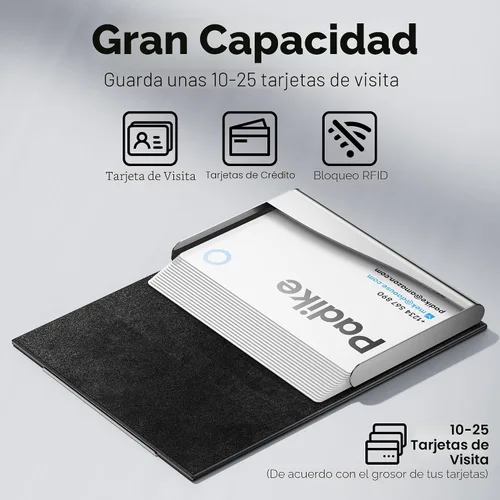 Vista 2 de Padike - Tarjetero profesional de cuero PU y acero inoxidable multitarjeta para hombres y mujeres. Estuche para tarjetas de crédito, carné de Negro