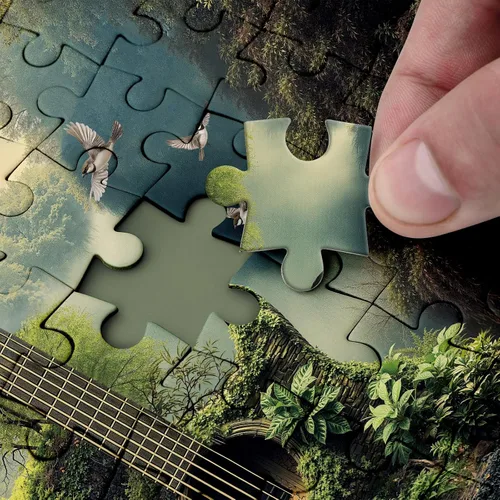 Vista 4 de Rompecabezas de 1000 piezas para adultos, diseño de bosque de guitarra, naturaleza, rompecabezas de fantasía, paisaje, pájaro, plantas, desafiantes