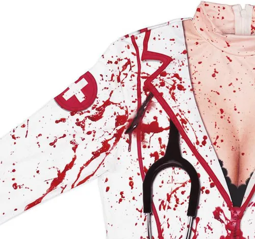 Vista 6 de ZJLJAYCHOU Disfraz de Halloween para mujer, disfraz de enfermera sangrienta, disfraz de Halloween para adultos, enfermera zombi, disfraz de fiesta