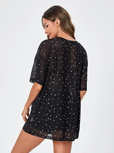 Vista 2 de WDIRARA Blusa de malla para mujer con purpurina transparente y de manga corta