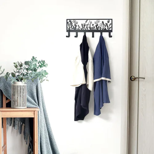 Vista 4 de Perchero floral montado en la pared con 6 ganchos colgador decorativo de metal negro para abrigos, sombreros, bolsos, llaves, toallas - Ideal