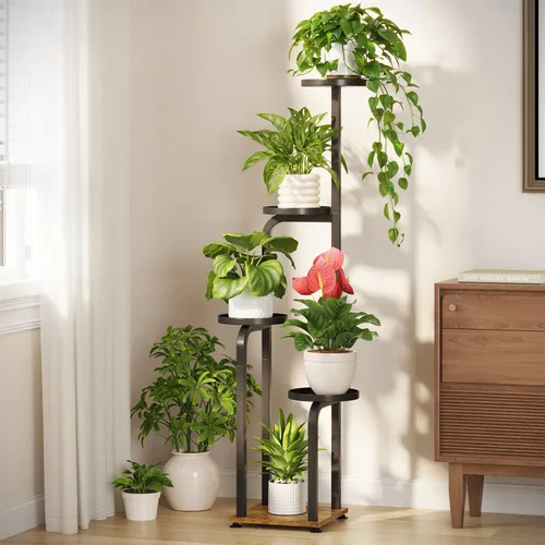 Vista 23 de LASZOLA Soporte para plantas de 5 niveles alto de madera y metal para interiores para macetas de servicio pesado, estante vertical grande