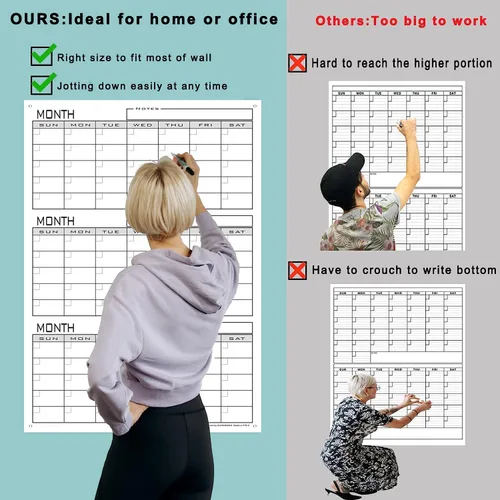 Vista 2 de Calendario grande de borrado en seco de 3 meses para pared, 36 x 24 pulgadas, calendario de pizarra blanca de tres meses sin fecha para oficina